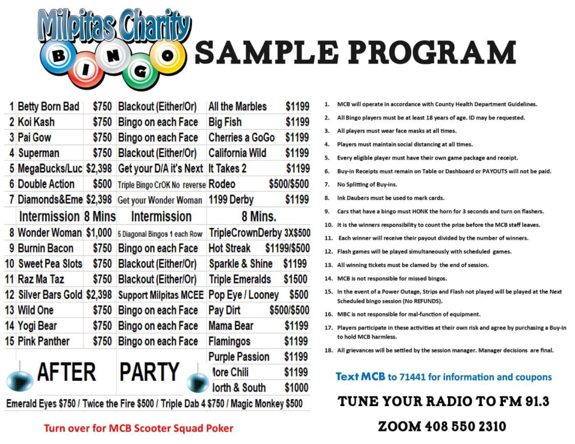 Bingo Program Samples - Milpitas Charity Bingo