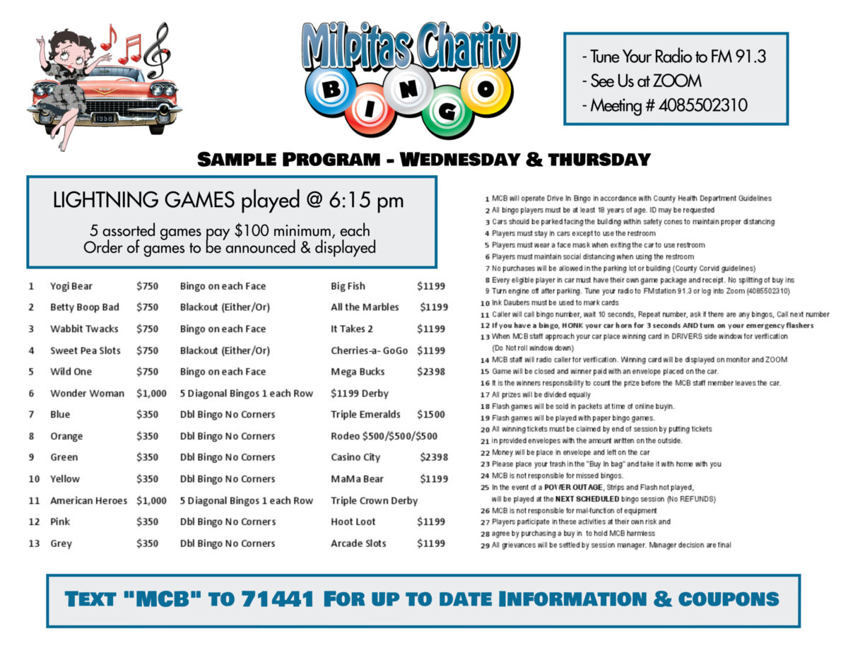 Bingo Program Samples - Milpitas Charity Bingo